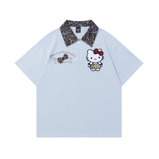 Hello Kitty Embroidered Color blocked Polo Neck T-shirt