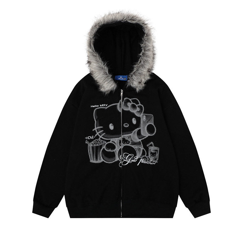 Faux Fur Hooded Sweatshirt Coat  Loose Fit Thickened Hoodie