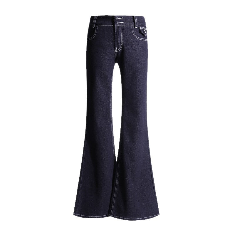 Style Deep Blue Flared Jeans Women Low Waist Slim Fit Stretchy Flared Pants