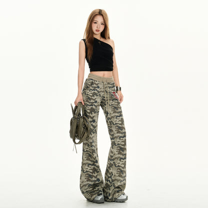 Women's Pants  Camouflage Flare Trousers Casual Low Waist Belted Flared Pants