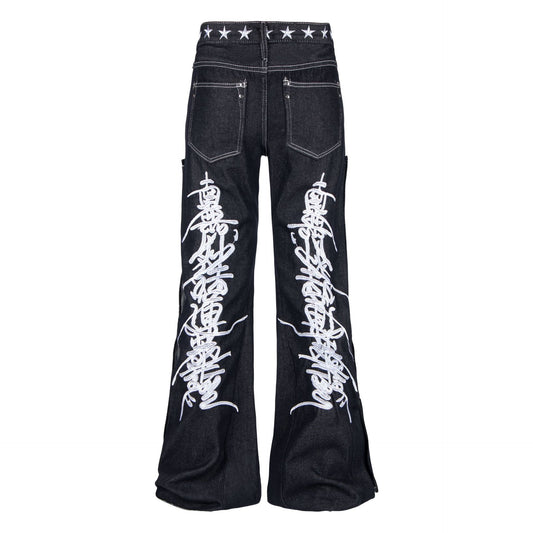 Embroidered loose straight leg low waisted jeans