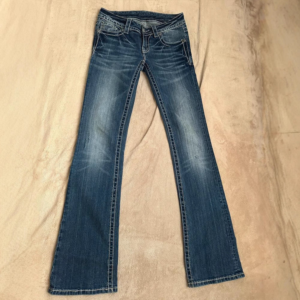 Millennial Spicy Girl Denim Pants Cross Embroidery Design Casual Trousers Low Waist Slimming Long Pants