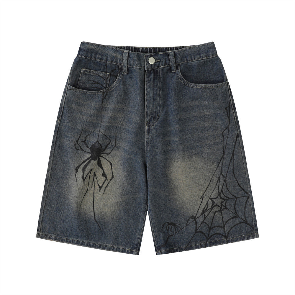 Unique Spider Print Denim Shorts Loose Fit Casual Washed Faded Five-Point Pants American Retro Style