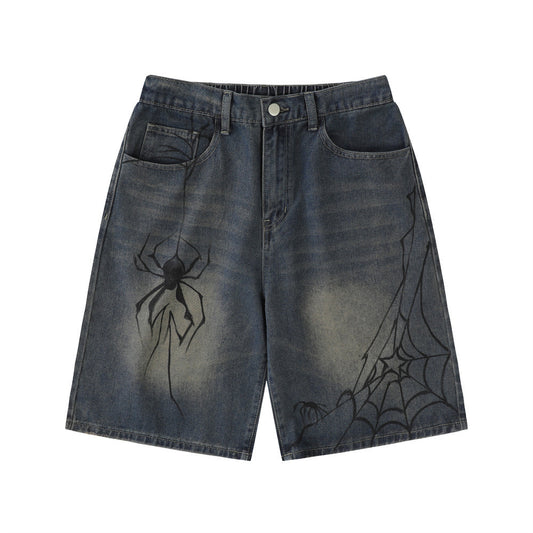 Pantalones cortos de mezclilla con estampado de araña únicos, ajuste holgado, informales, lavados, decolorados, estilo retro americano de cinco puntos