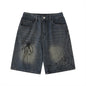 Unique Spider Print Denim Shorts Loose Fit Casual Washed Faded Five-Point Pants American Retro Style