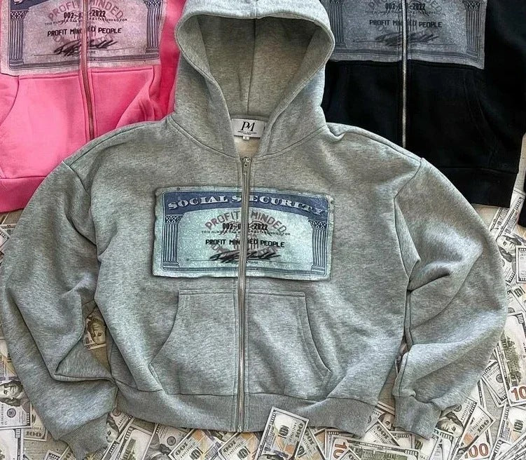 Sudadera con capucha estilo streetwear con estampado de dinero, suelta y con cremallera