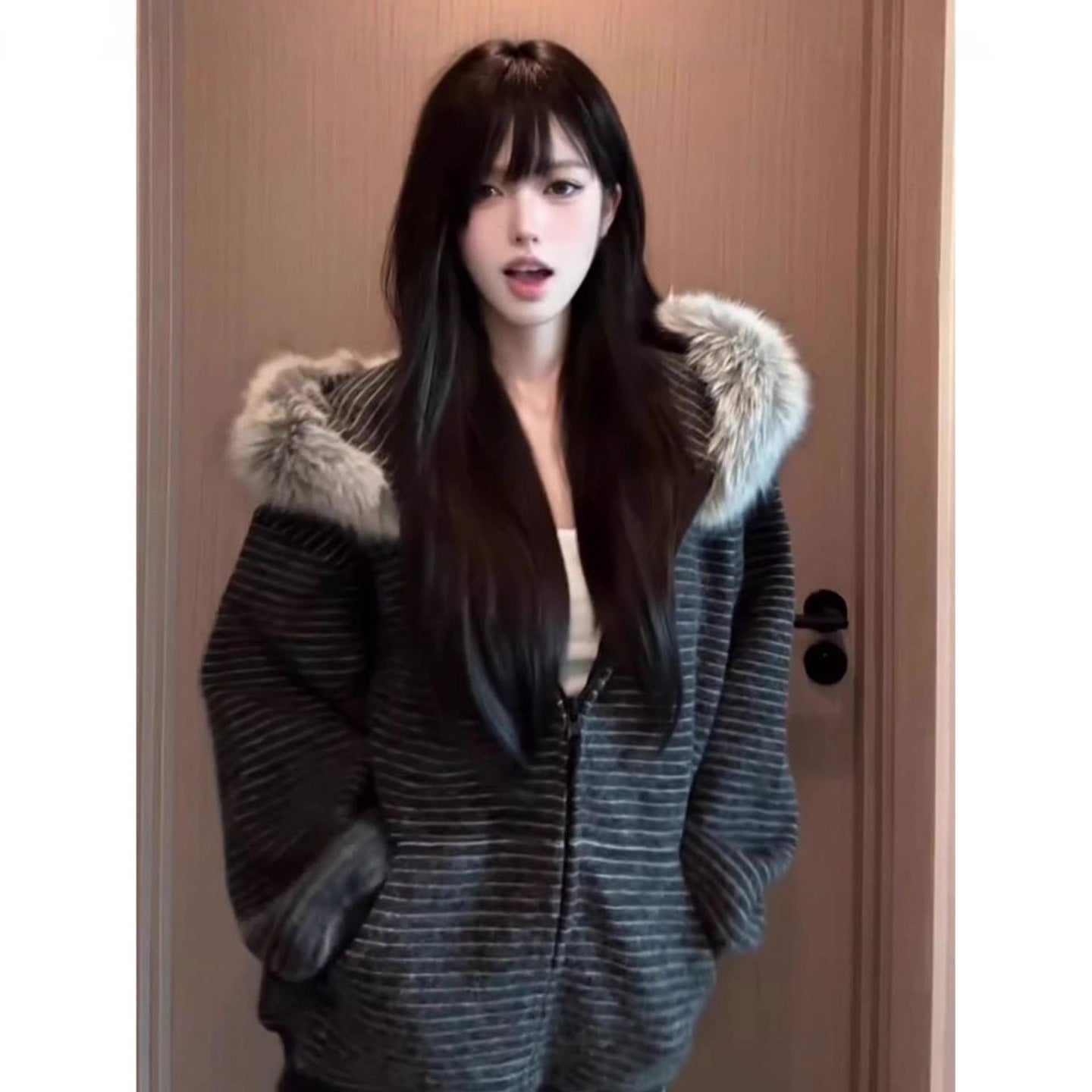 Retro Striped Hooded Fur-Collar Coat for Men and Women,  Casual Loose Hoodie Cardigan