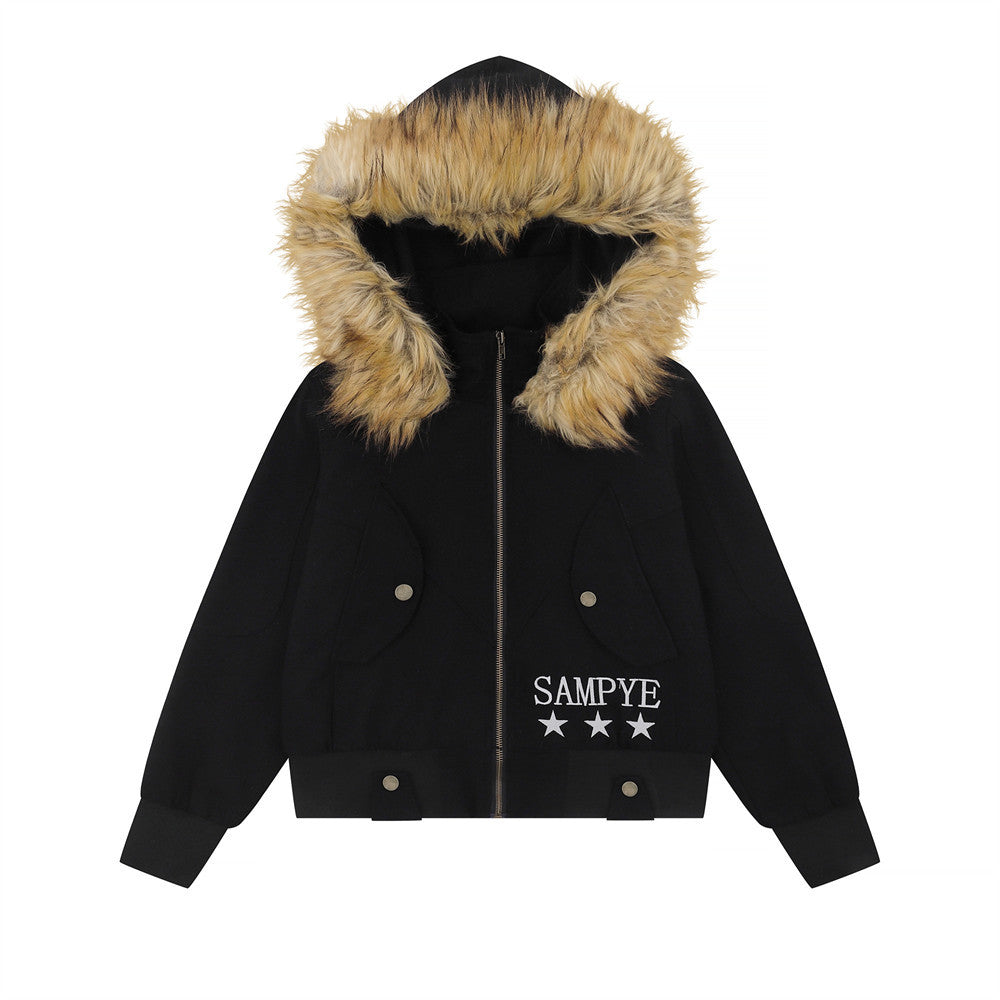 Letter Embroidery Detachable Fur Collar Hoodie  Deconstructed Design Loose Outerwear