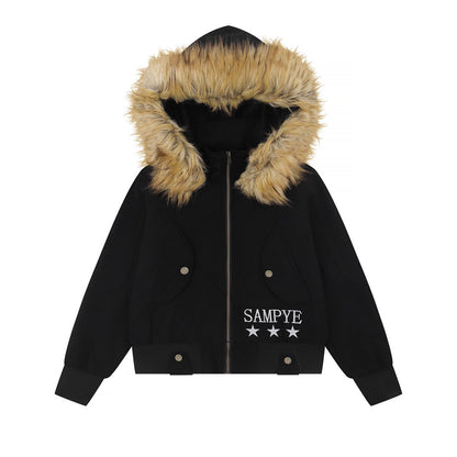 Letter Embroidery Detachable Fur Collar Hoodie  Deconstructed Design Loose Outerwear