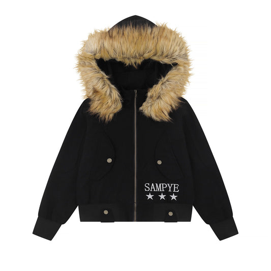 Sudadera con capucha, bordado de letras, cuello de piel desmontable, diseño deconstruido, abrigo holgado