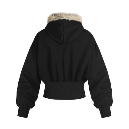 Sudadera con capucha, cuello de piel, chaqueta, sudadera de talle alto