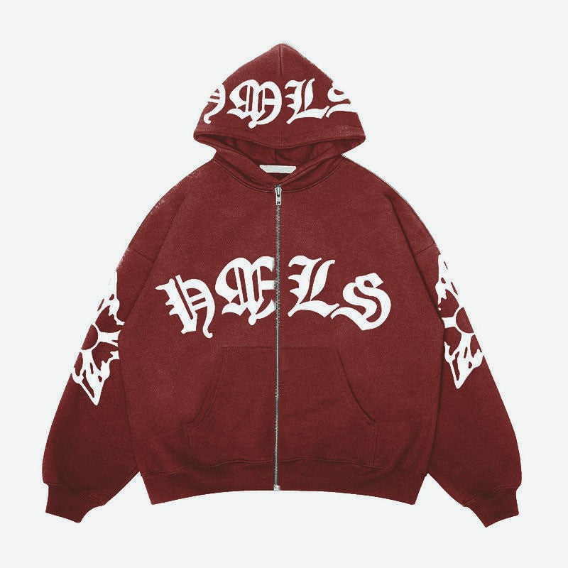 Sudadera con capucha y cremallera, letras góticas estampadas, sudadera oversize