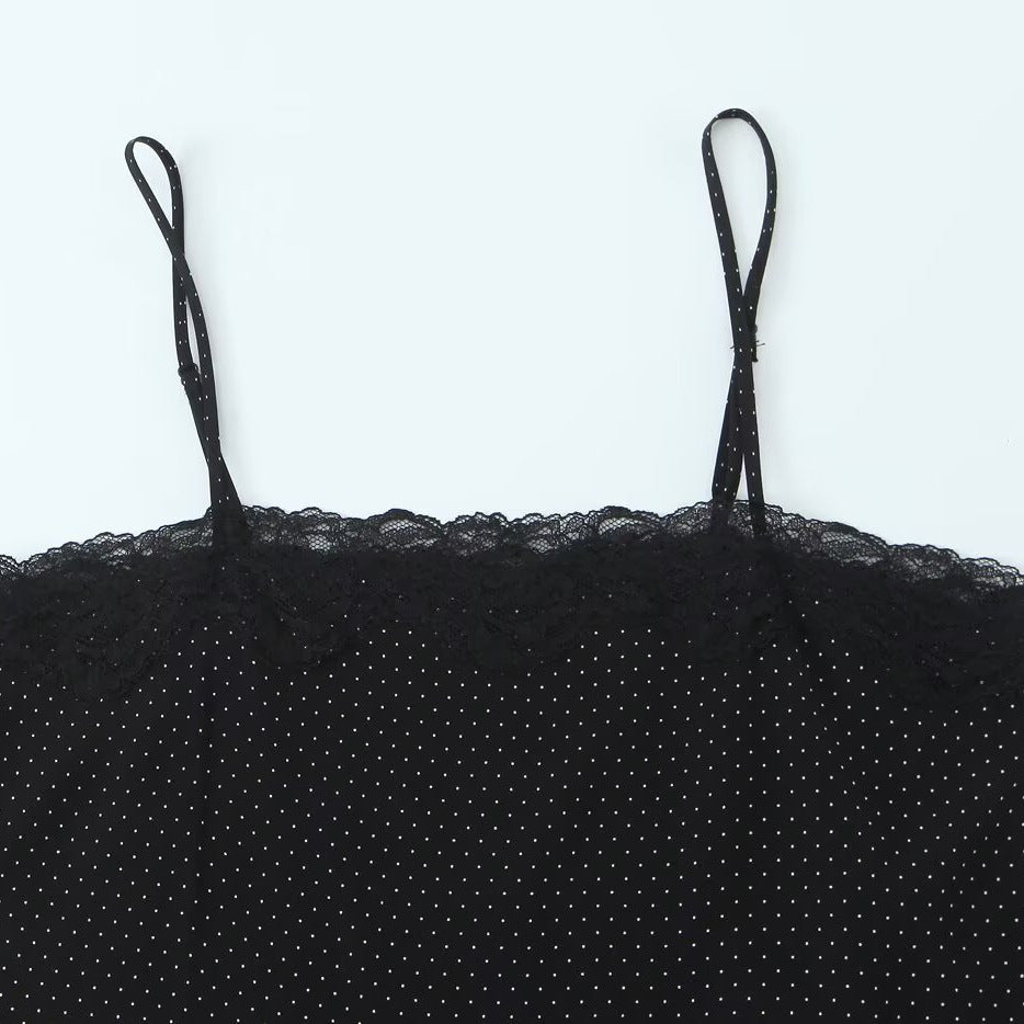 asymmetrical suspender top with polka dots