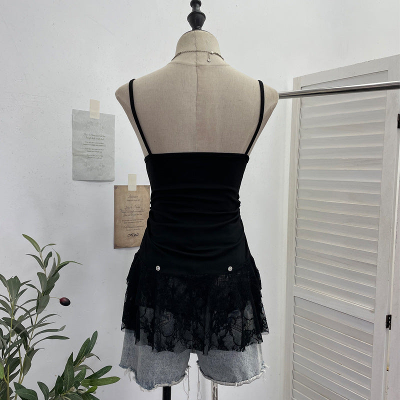 Lace lace patchwork pleated sleeveless top