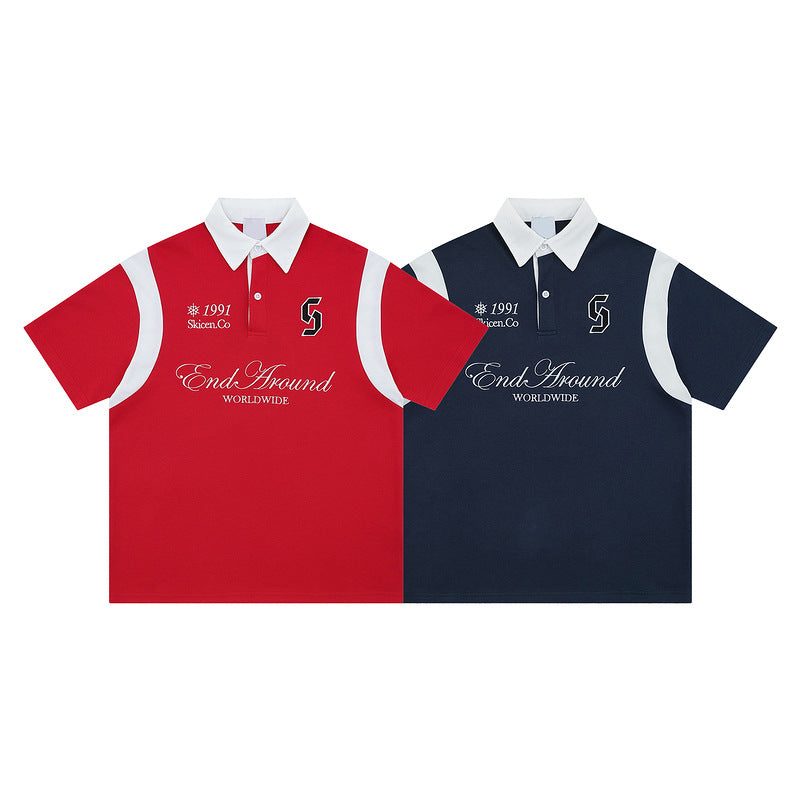 Polo de manga corta con bloques de color y diseño retro, rejilla transpirable
