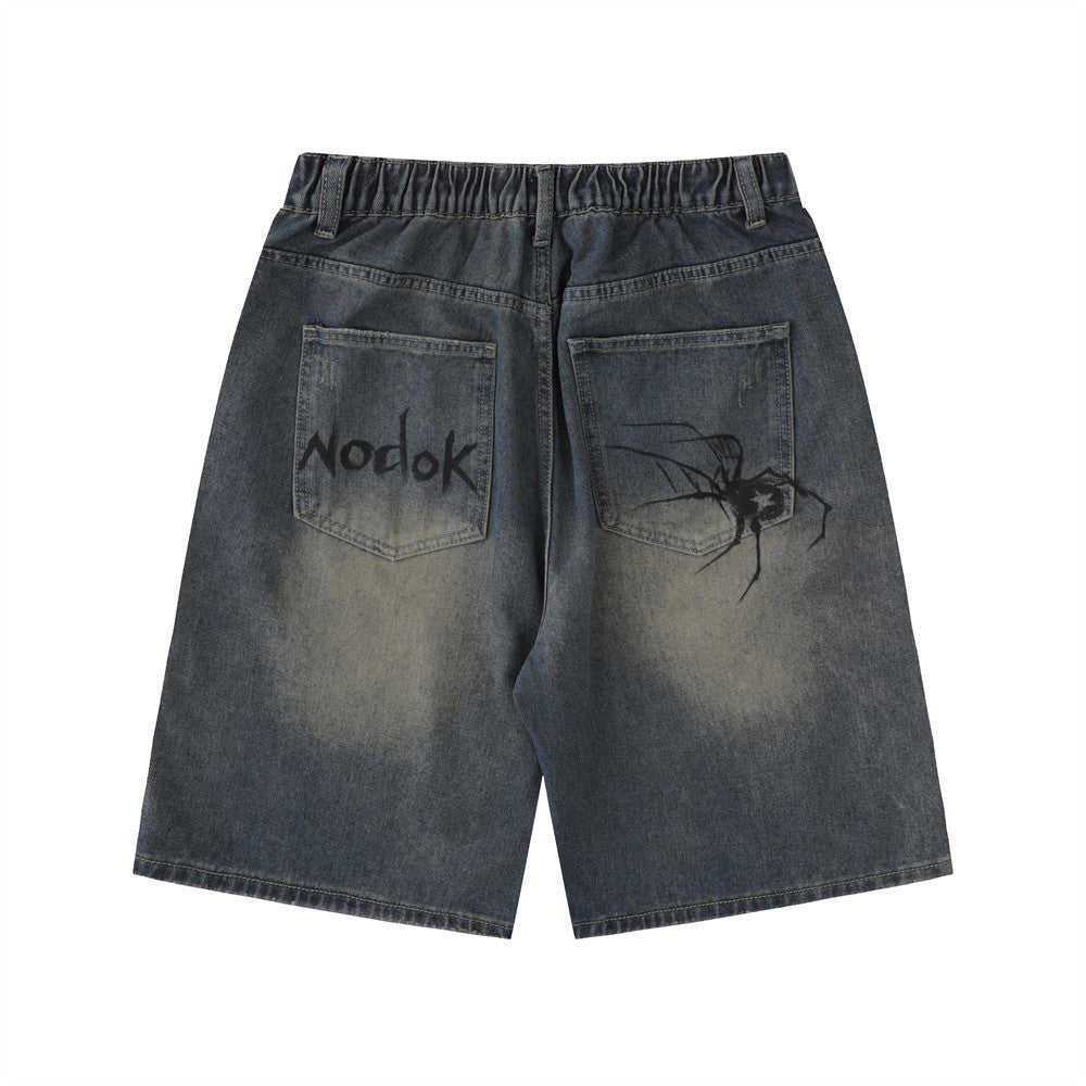 Unique Spider Print Denim Shorts Loose Fit Casual Washed Faded Five-Point Pants American Retro Style