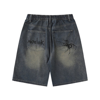 Unique Spider Print Denim Shorts Loose Fit Casual Washed Faded Five-Point Pants American Retro Style