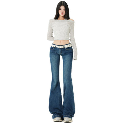 Vaqueros retro acampanados de mujer, tiro bajo, corte ajustado, elásticos, tipo leggings, pata ancha, trompeta