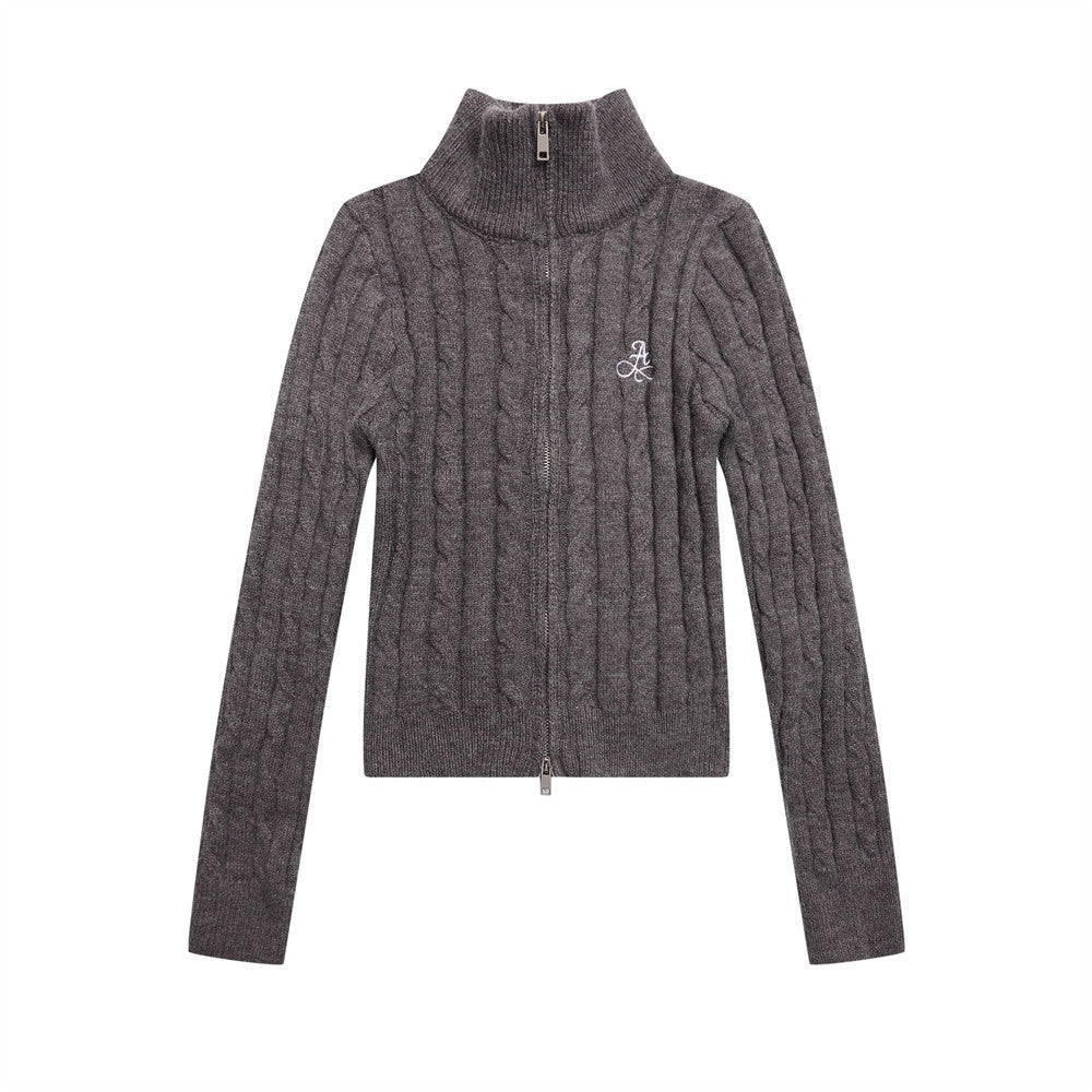 Herringbone Pattern Zip-Up Cardigan Sweater Casual Slim Fit with Double-Headed Zipper