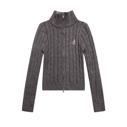 Herringbone Pattern Zip-Up Cardigan Sweater Casual Slim Fit with Double-Headed Zipper