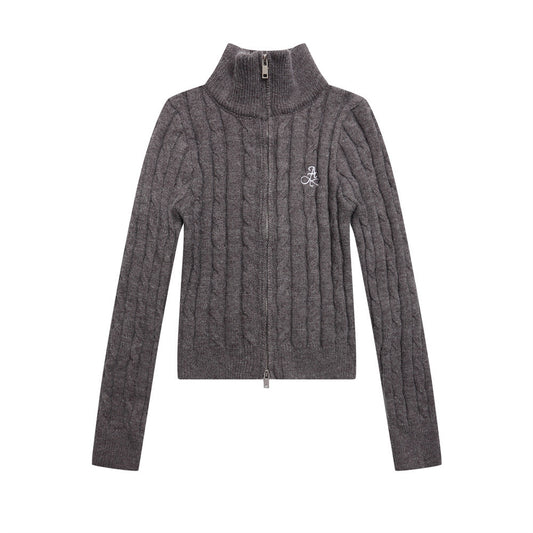 Herringbone Pattern Zip-Up Cardigan Sweater Casual Slim Fit with Double-Headed Zipper