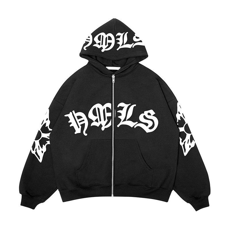 Sudadera con capucha y cremallera, letras góticas estampadas, sudadera con capucha oversize