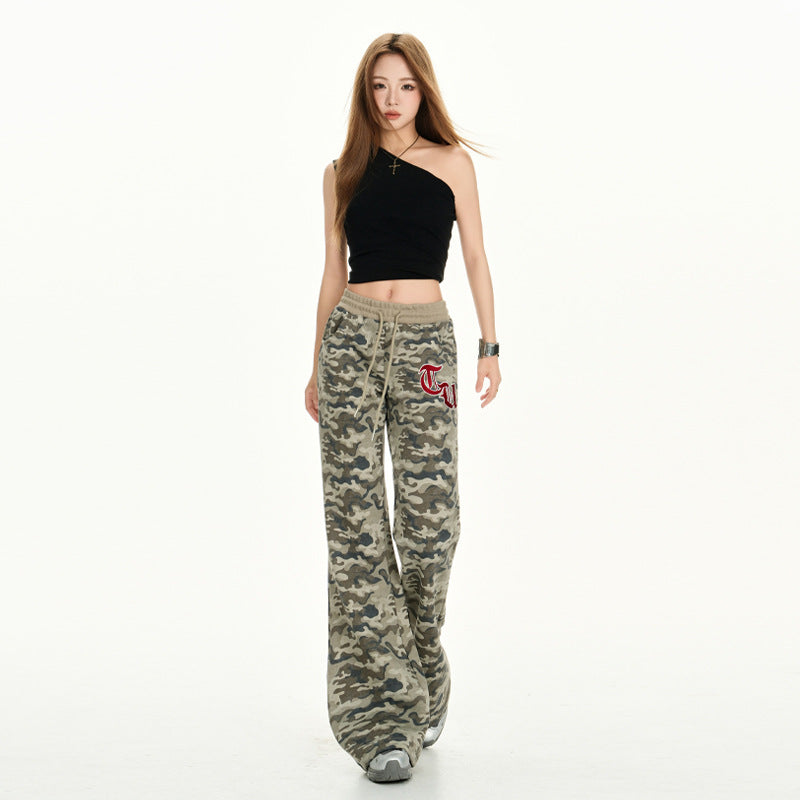Camouflage Flared Sweatpants Women Low Waist Drawstring Loose Slim Fit Versatile Fashion Trumpet Pants