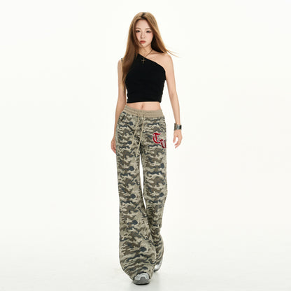 Pantalones de chándal acampanados de camuflaje para mujer, cintura baja, cordón ajustable, corte holgado, versátiles, a la moda, estilo trompeta