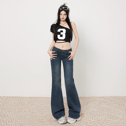 Pantalones de mujer grises de tiro bajo de corte trompeta ajustados