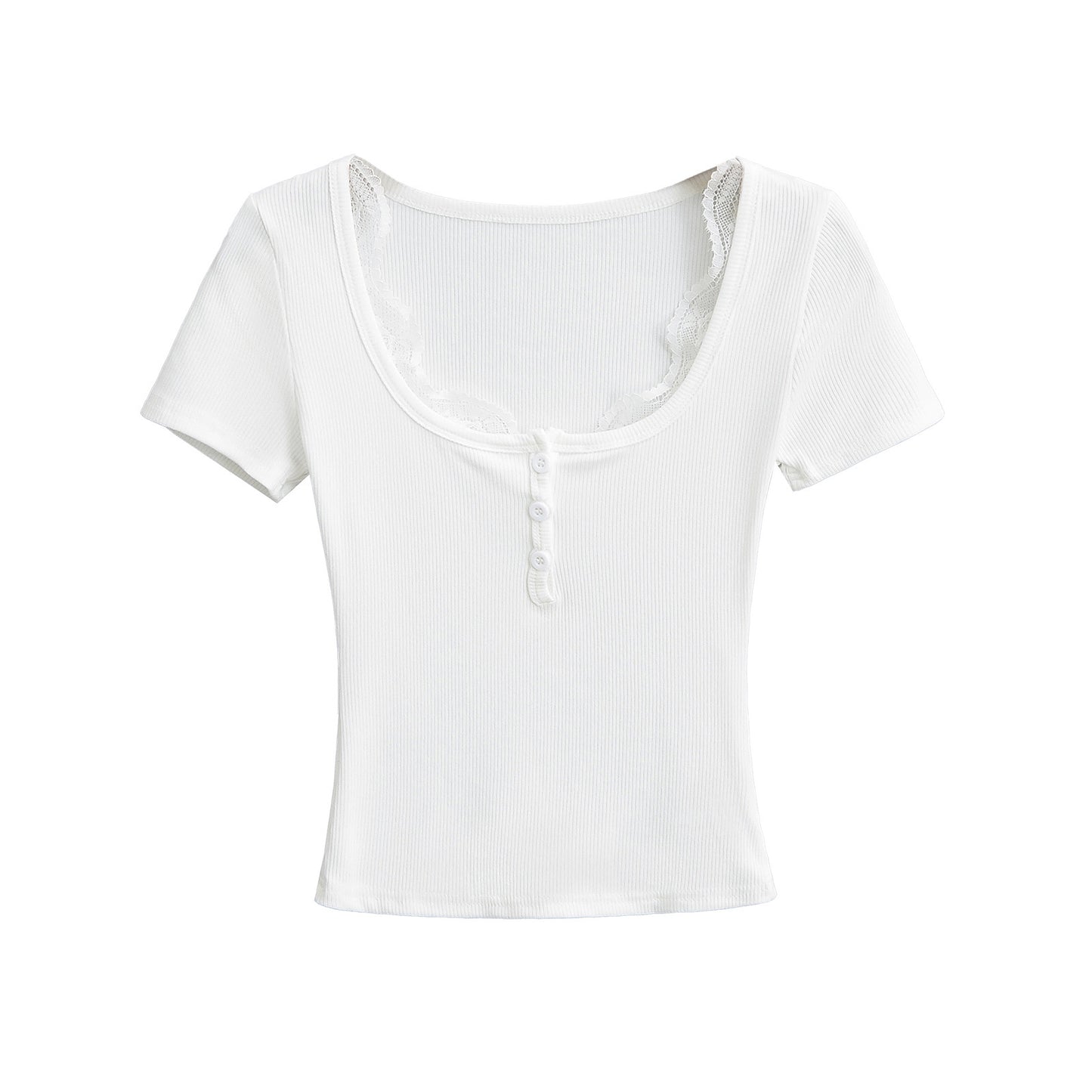 Lace Trim Fitted Short Sleeve T-Shirt