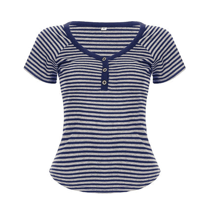 Striped V-neck short sleeved T-shirt