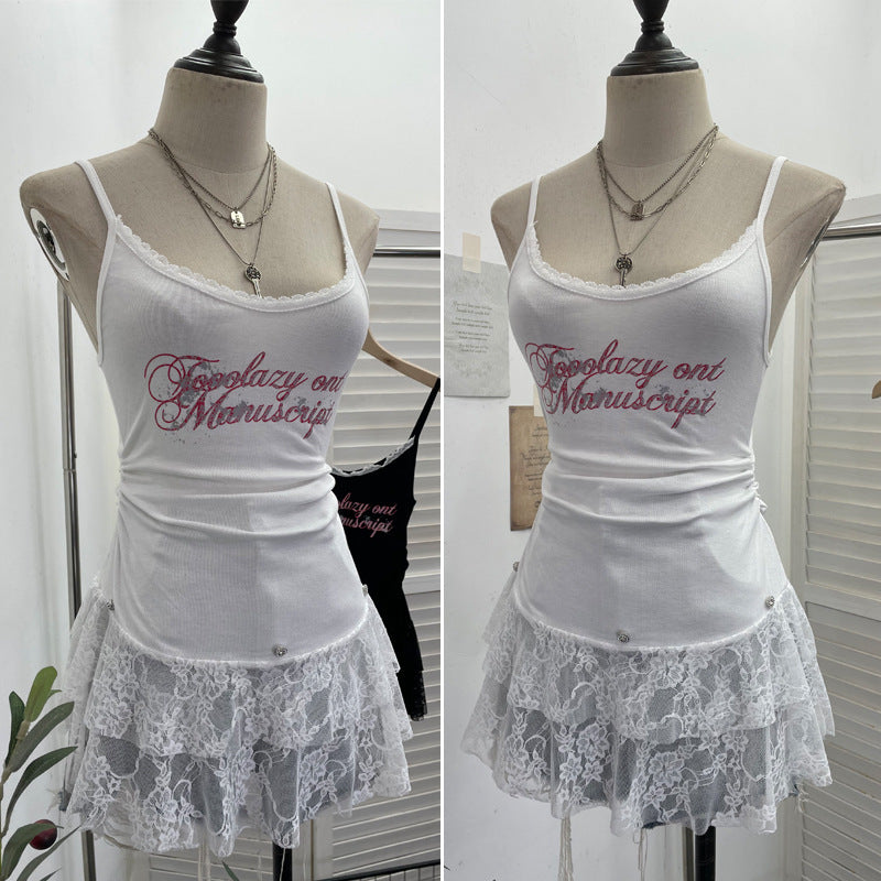 Lace lace patchwork pleated sleeveless top