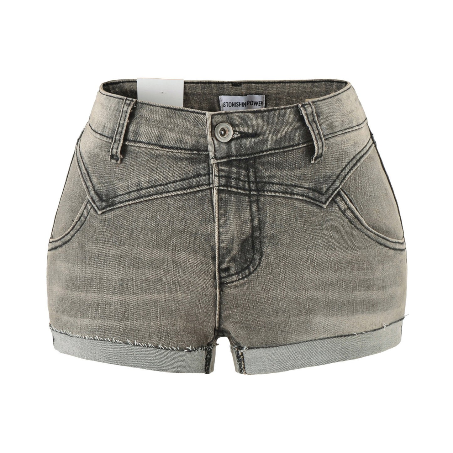 Shorts de mezclilla vintage desgastados de doble capa con bajo y tiro bajo en línea A