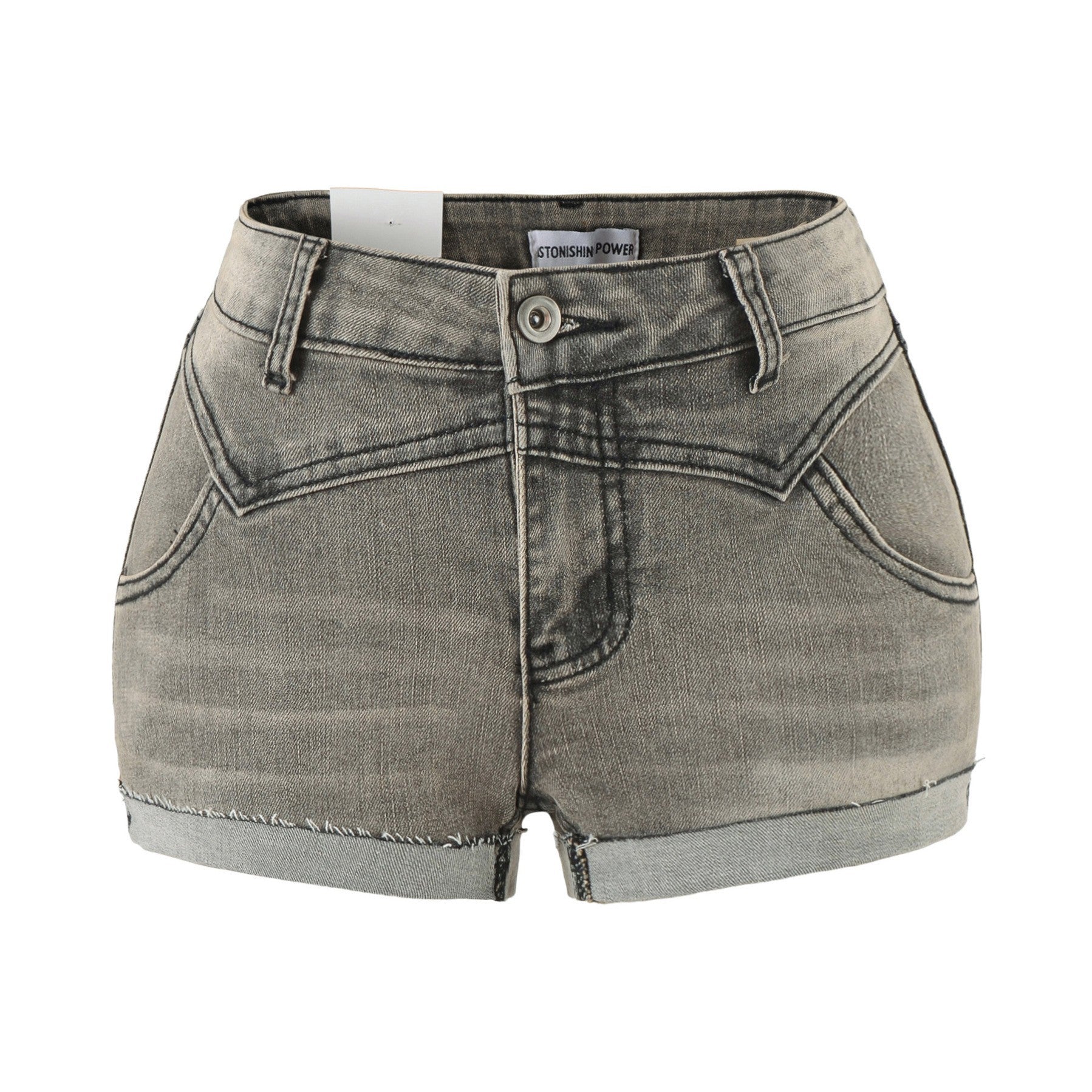 Double-Layer Cuffed Vintage Distressed Denim Shorts A-Line Low Waist Pants
