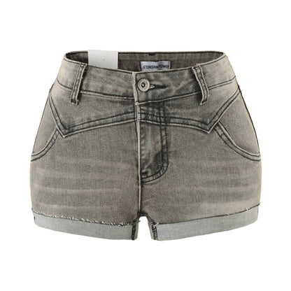 Shorts de mezclilla vintage desgastados de doble capa con bajo y tiro bajo en línea A