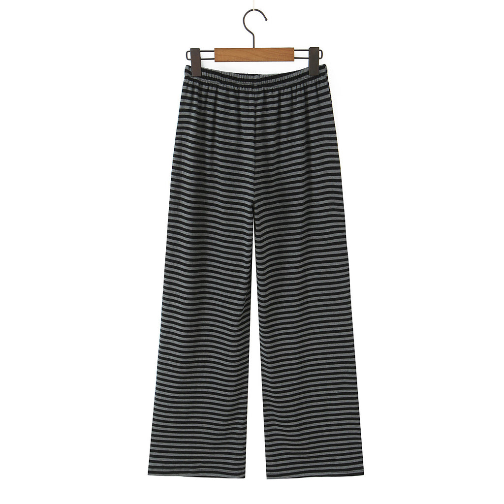 Striped straight tube elastic drawstring low waist knitted wide leg pants casual pants