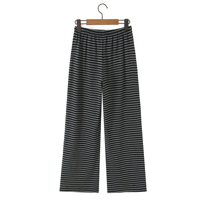 Striped straight tube elastic drawstring low waist knitted wide leg pants casual pants
