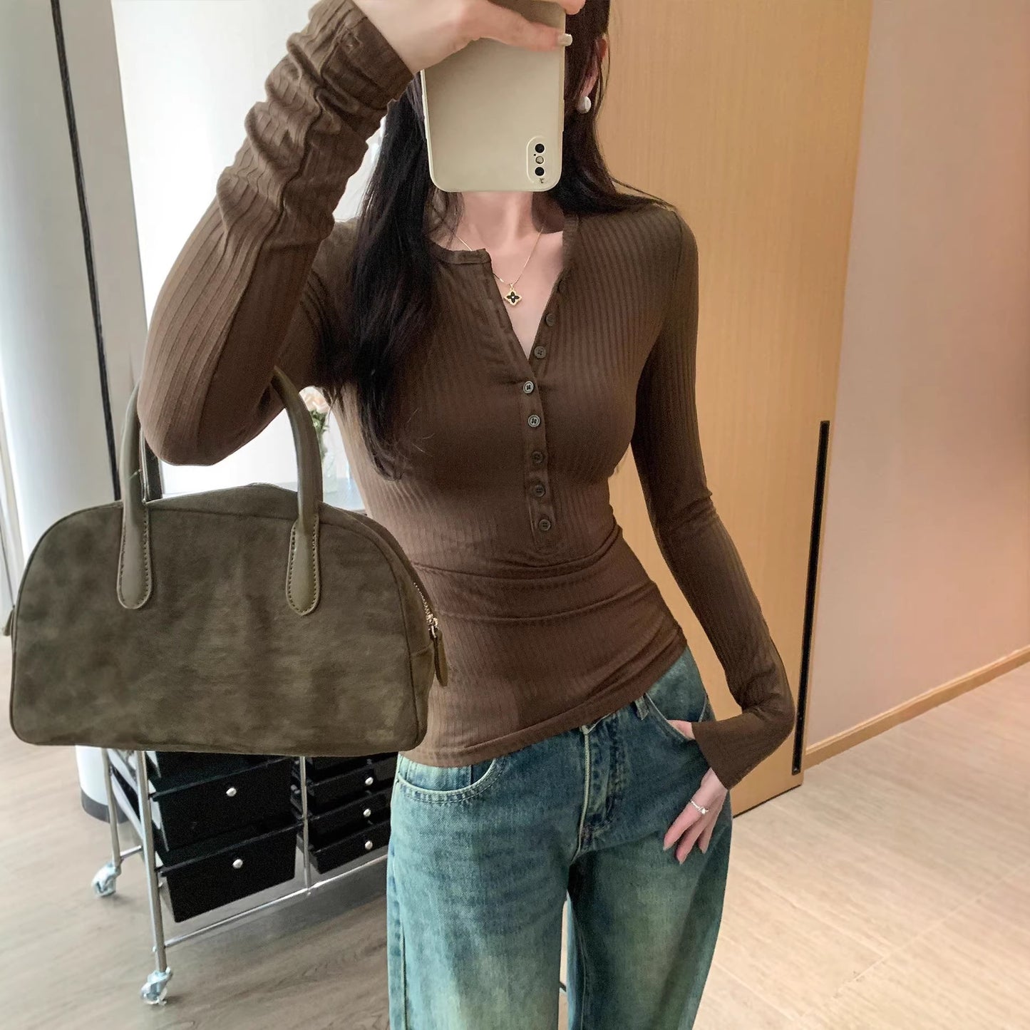 Chic Henley Shirt Slim Fit Inner Layer Top for Women