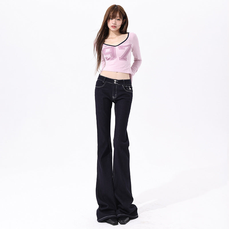 Style Deep Blue Flared Jeans Women Low Waist Slim Fit Stretchy Flared Pants