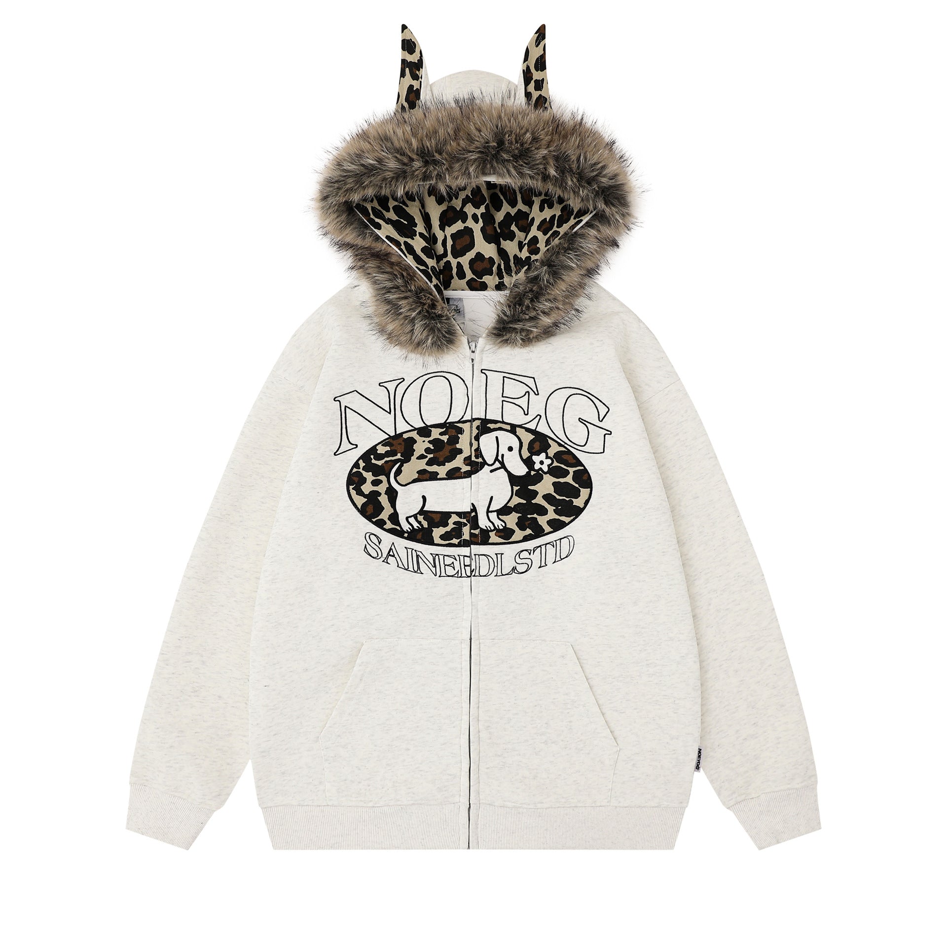 Print Letter Embroidery Faux Fur Hooded Zip-Up Hoodie Sweatshirt