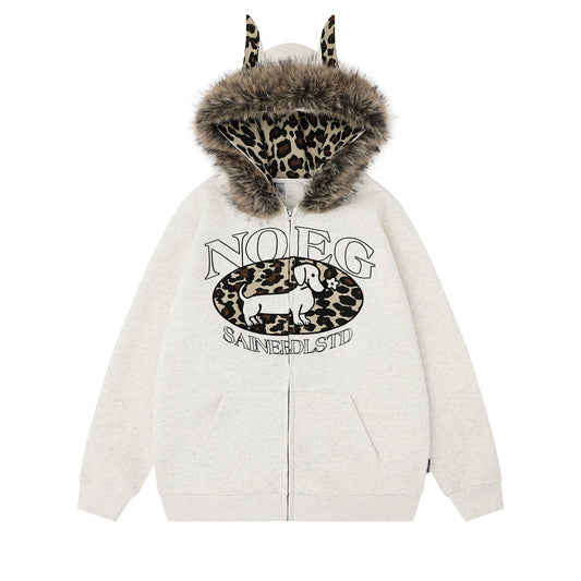 Sudadera con capucha y cremallera con forro polar, bordado de letras y estampado