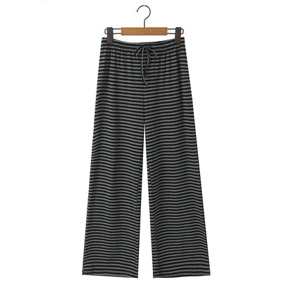 Striped straight tube elastic drawstring low waist knitted wide leg pants casual pants