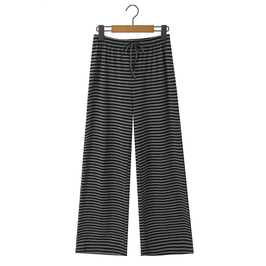 Striped straight tube elastic drawstring low waist knitted wide leg pants casual pants