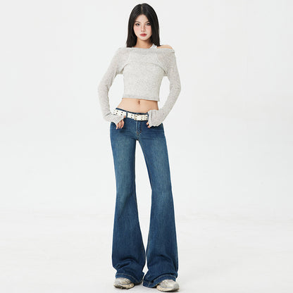 Vaqueros retro acampanados de mujer, tiro bajo, corte ajustado, elásticos, tipo leggings, pata ancha, trompeta