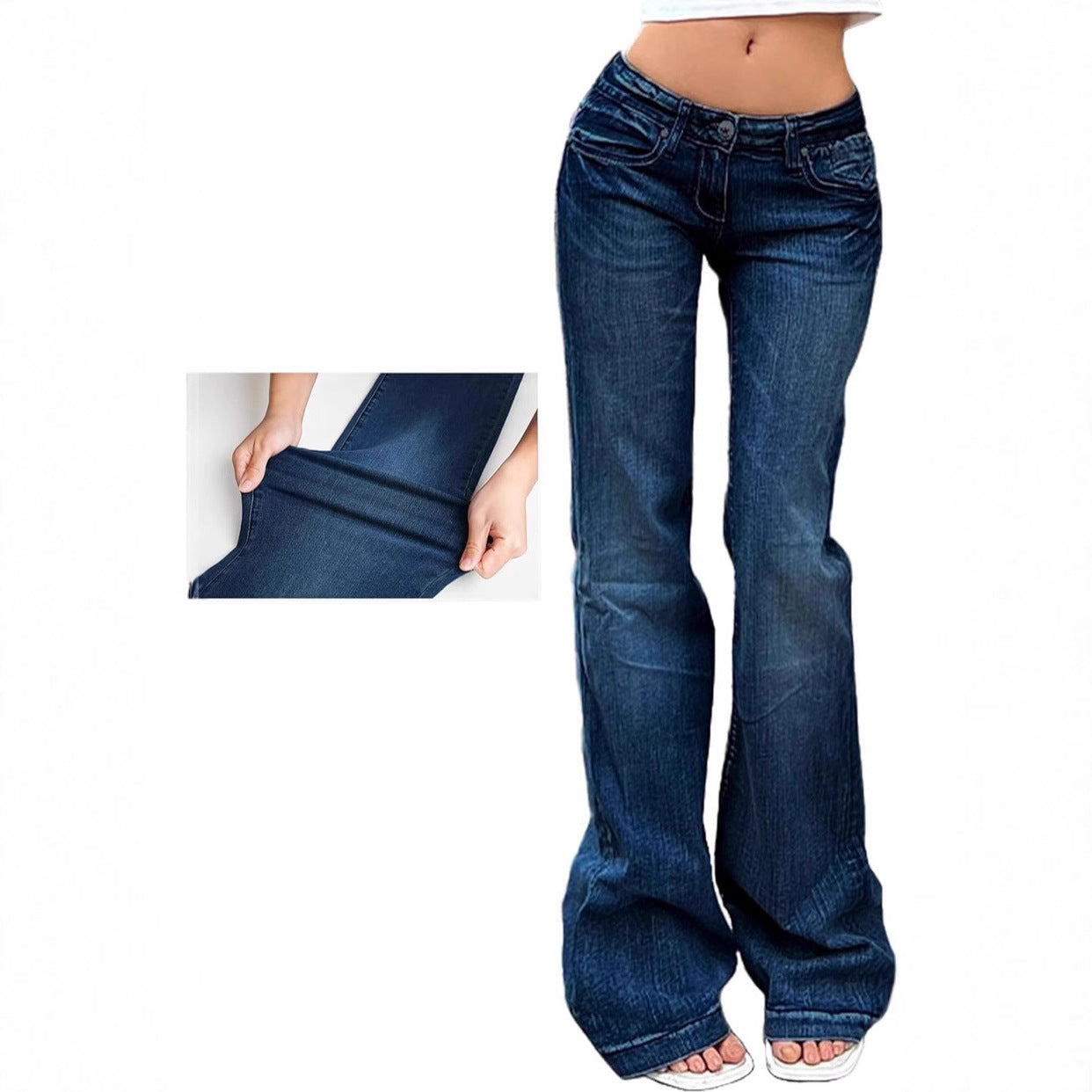 Street Style Low-Waist Flared Jeans, Slim Fit Stretch Denim Pants Long Pants