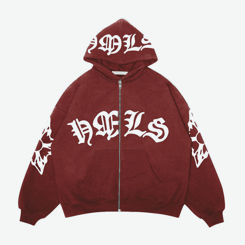 Sudadera con capucha y cremallera, letras góticas estampadas, sudadera oversize