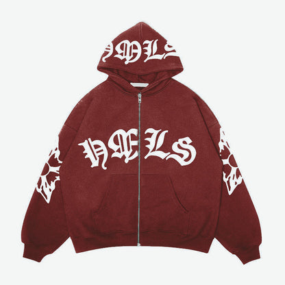 Sudadera con capucha y cremallera, letras góticas estampadas, sudadera oversize