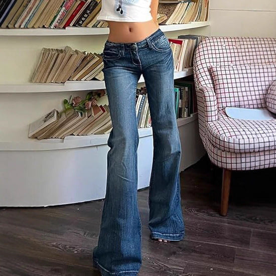 Street Style Low-Waist Flared Jeans, Slim Fit Stretch Denim Pants Long Pants