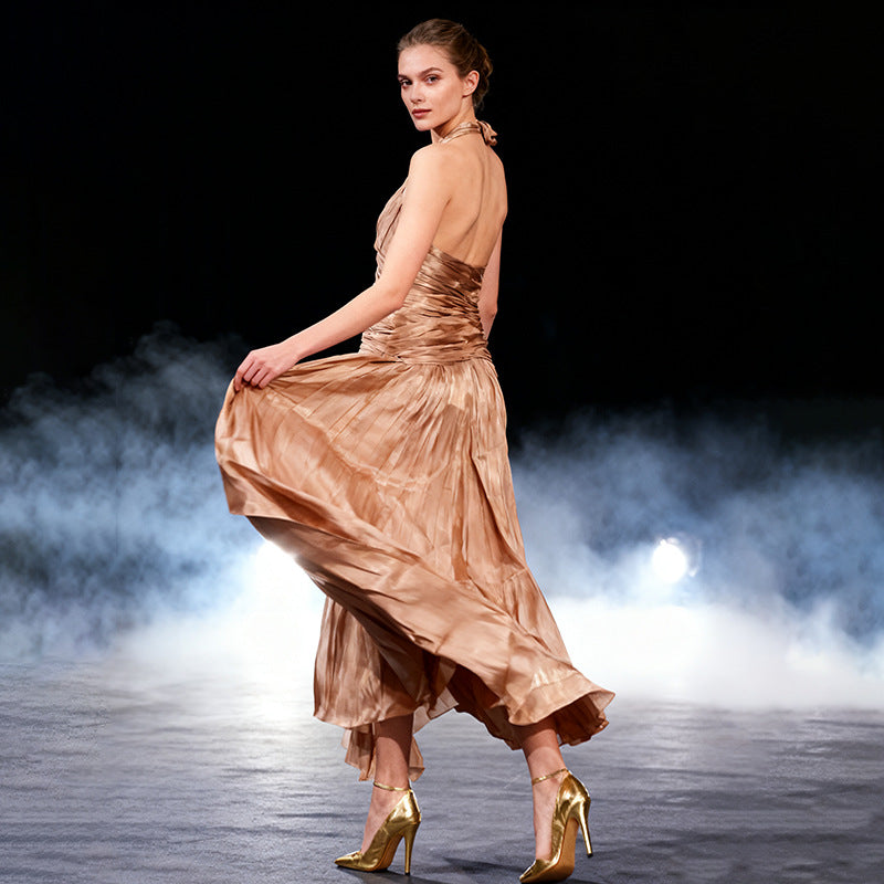 Champagne chiffon neck hanging dress dress