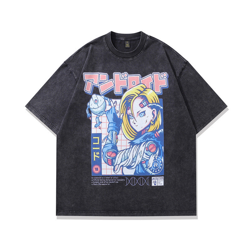 Anime Print Vintage Oversized Washed Cotton Short Sleeve T-Shirt Unisex